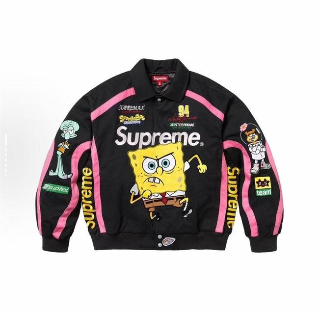 Supreme x SpongeBob SquarePants Graphic Black & Pink Bomber Jacket Hover Image