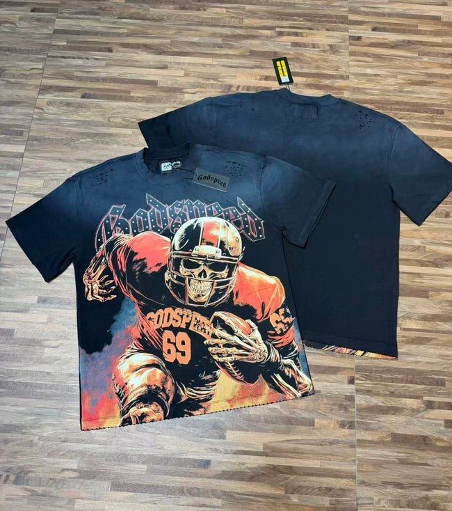 Godspeed Retro Football Graphic T-Shirt – Black Hover Image