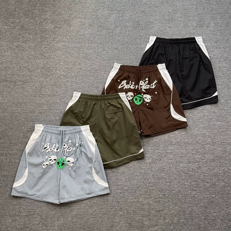 Broken Planet Alien Skull Graphic Color Block Nylon Shorts - 4 Colors Available