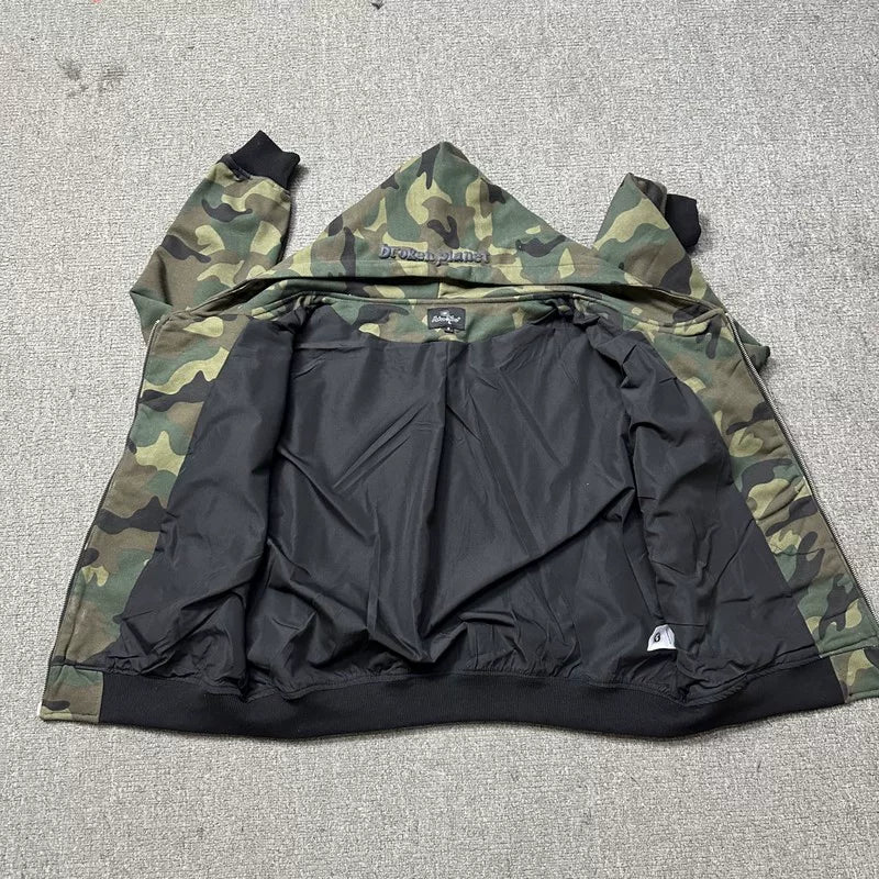 Broken Planet Camo Cracked Planet Cropped Zip Up Hoodie