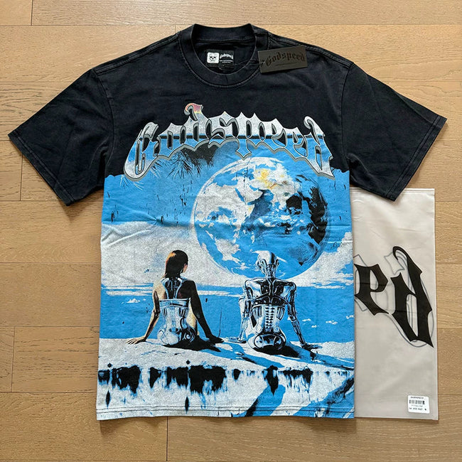 Godspeed Planet Earth and Cyborg Graphic Tee Cotton Acid Washed Shirt Hover Image