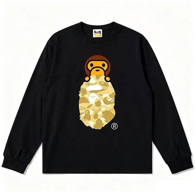 BAPE Style Baby Milo Peeking on Camo Ape Head Long-Sleeve Tee - Black/Yellow Hover Image