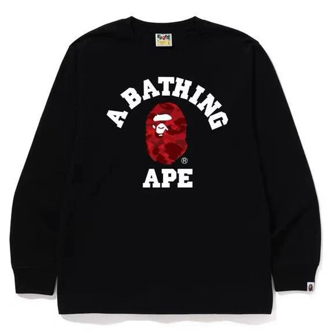 BAPE Style Collegiate Arc Logo & Camo Ape Head Long-Sleeve Tee - Black/Purple Hover Image