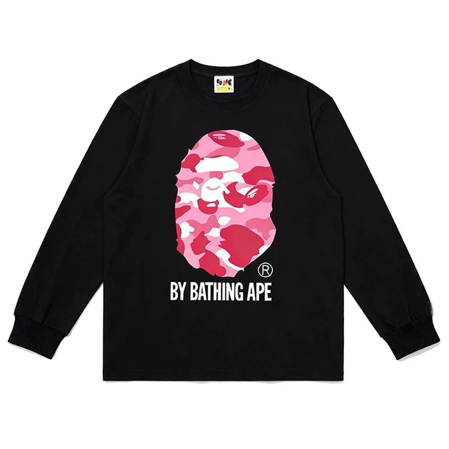 BAPE Style "BY BATHING APE" Camo Ape Head Long-Sleeve Tee - Black/Pink Hover Image