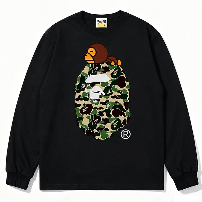 BAPE Style Baby Milo on Camo Ape Head Long-Sleeve Tee - Black/Green Hover Image