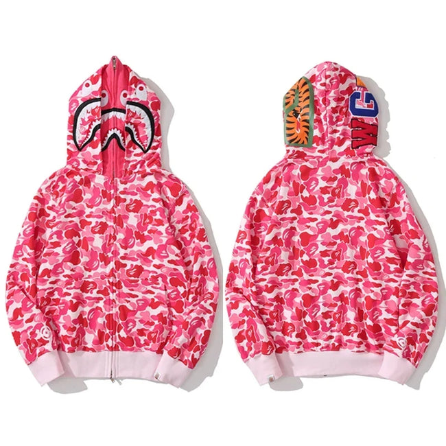 BAPE Style Camo Shark Full-Zip Hoodie - Pink Hover Image