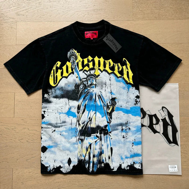 Godspeed Statue of Liberty Black Vintage Graphic Tee Cotton Acid Washed Shirt Hover Image