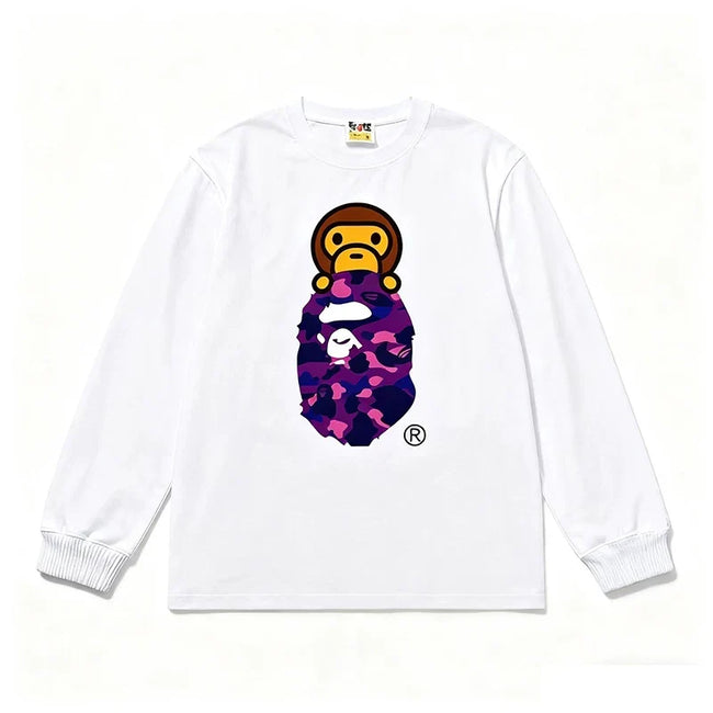 BAPE Style Baby Milo Peeking on Camo Ape Head Long-Sleeve Tee - White/Purple Hover Image