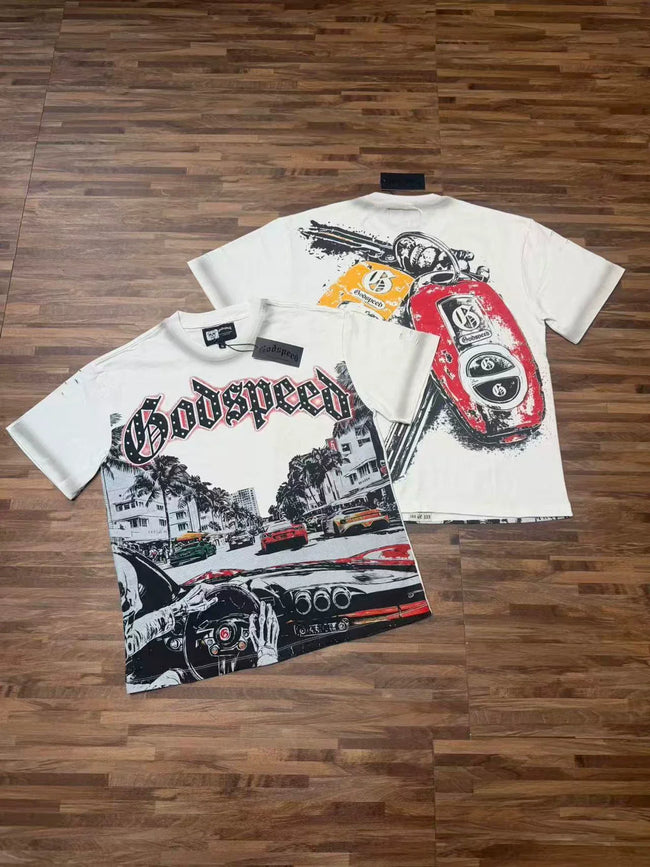 Godspeed Retro Racing Car Graphic T-Shirt – White Streetwear Tee Hover Image