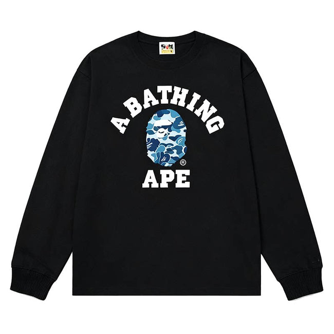 BAPE Style Collegiate Arc Logo & Camo Ape Head Long-Sleeve Tee - Black/Blue Hover Image