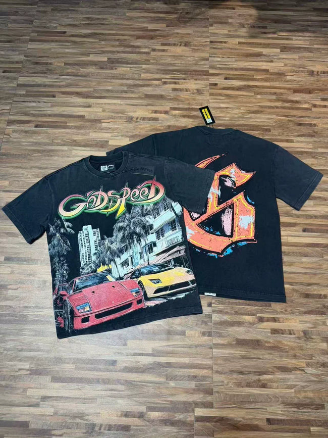 Godspeed Retro Racing Car Graphic T-Shirt – Black Hover Image