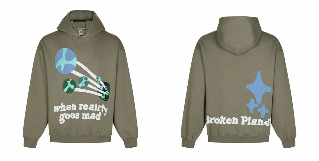 Broken Planet When Reality Goes Mad Olive Green Oversized Graphic Hoodie