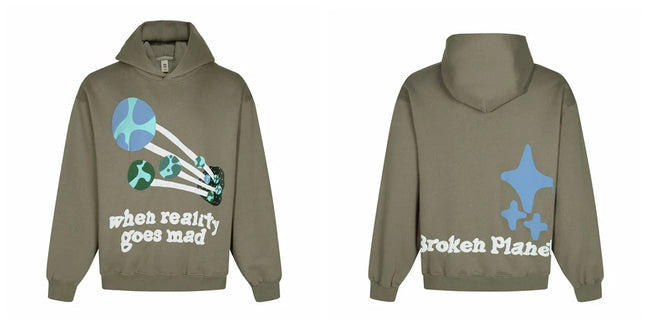 Broken Planet When Reality Goes Mad Olive Green Oversized Graphic Hoodie Hover Image