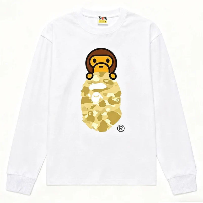 BAPE Style Baby Milo Peeking on Camo Ape Head Long-Sleeve Tee - White/Yellow Hover Image