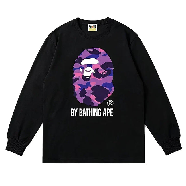 BAPE Style "BY BATHING APE" Camo Ape Head Long-Sleeve Tee - Black/Purple Hover Image