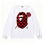 BAPE Style Heart & Rose Ape Head Long-Sleeve Tee - White/Red-Black