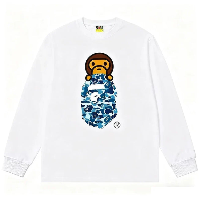 BAPE Style Baby Milo Peeking on Camo Ape Head Long-Sleeve Tee - White/Blue Hover Image