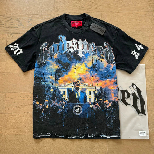 Godspeed Dystopian White House Political Apocalyptic Graphic Tee Cotton Acid Washed Shirt Hover Image