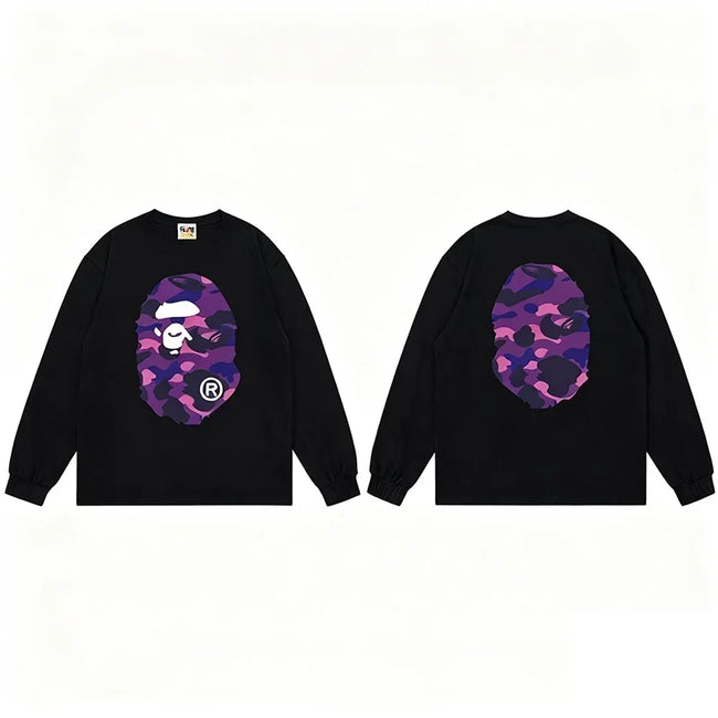 BAPE Style Big Camo Ape Head Long-Sleeve Tee - Black/Purple Hover Image