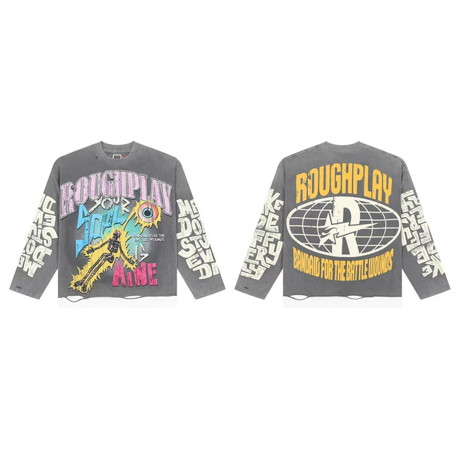 Roughplay Vintage Graffiti & Figure Graphic Heavyweight Long-Sleeve Tee - Washed Grey Hover Image