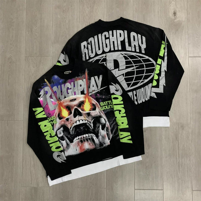 Roughplay Flaming Skull Graphic Heavyweight Long-Sleeve Tee - Black/Neon Green Hover Image