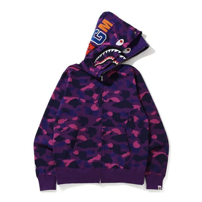 BAPE Style Camo Shark Full-Zip Hoodie - Purple Hover Image