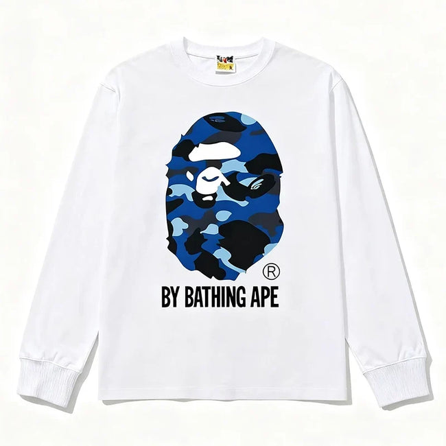 BAPE Style "BY BATHING APE" Camo Ape Head Long-Sleeve Tee - White/Blue Hover Image