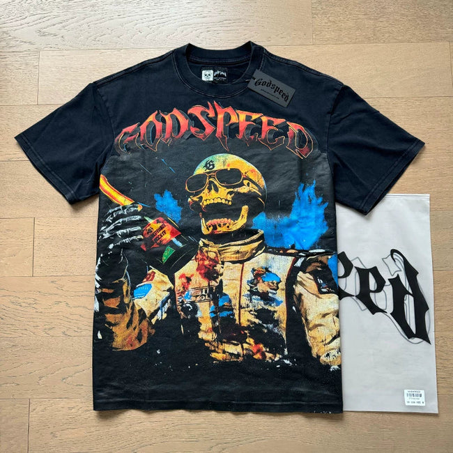 Godspeed Motorcycle Biker Racing Skull in Flames Graphic Tee Cotton Acid Washed Shirt Hover Image