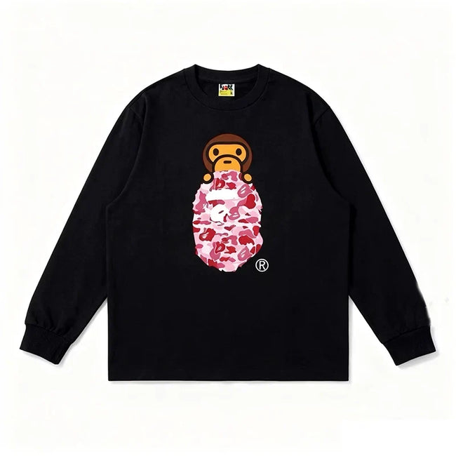 BAPE Style Baby Milo Peeking on Camo Ape Head Long-Sleeve Tee - Black/Pink Hover Image