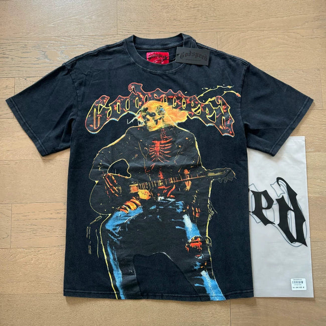 Godspeed Skeleton Guitarist Rocker Graphic Tee Cotton Acid Washed Shirt Hover Image