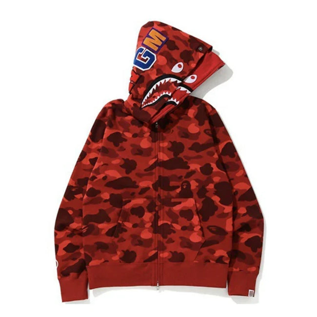 BAPE Style Camo Shark Full-Zip Hoodie - Red Hover Image