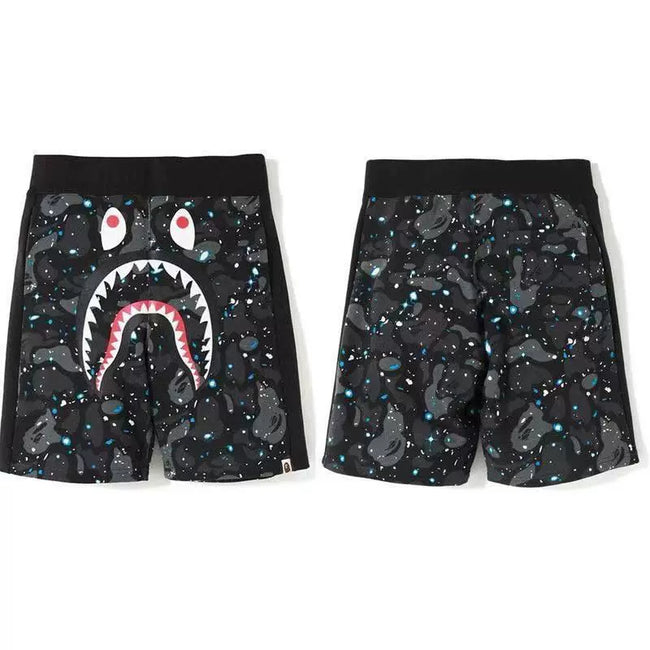 BAPE Style Space Galaxy Camo Shark Casual Shorts - Dark Black/Grey Hover Image