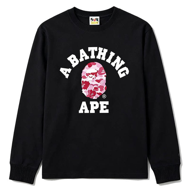 BAPE Style Collegiate Arc Logo & Camo Ape Head Long-Sleeve Tee - Black/Pink Hover Image