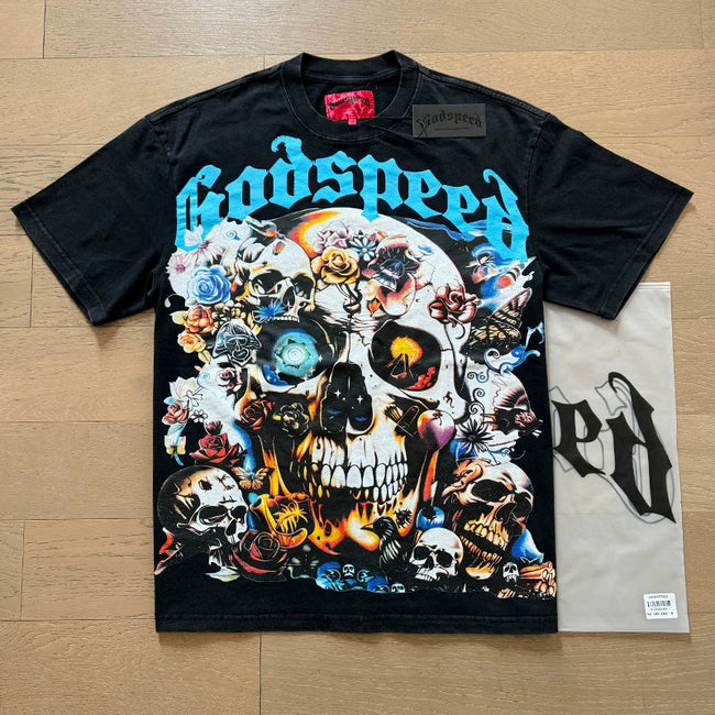 Godspeed Vintage Skull Flames Graphic Tee Cotton Acid Washed Shirt Hover Image