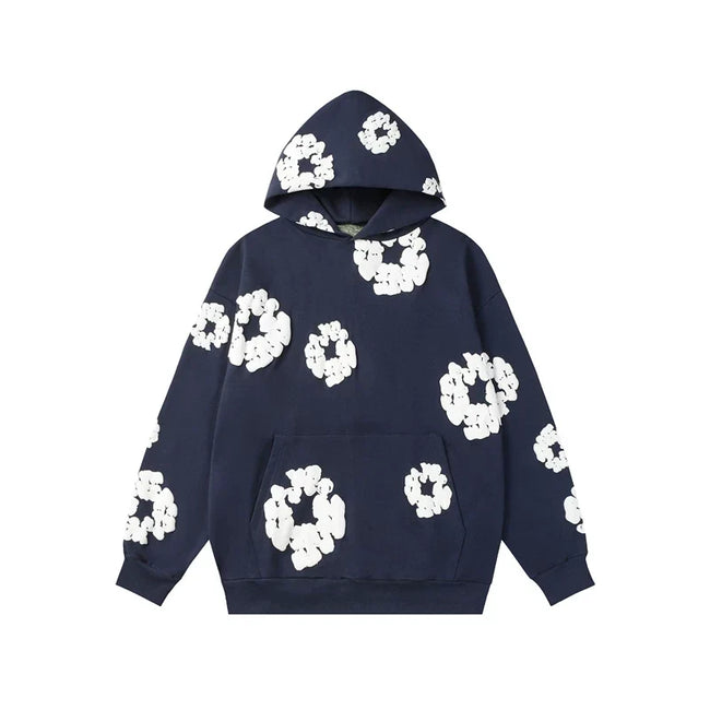 Denim Tears Cotton Wreath Graphic Hoodie - Navy Blue / Relaxed Streetwear Fit Hover Image