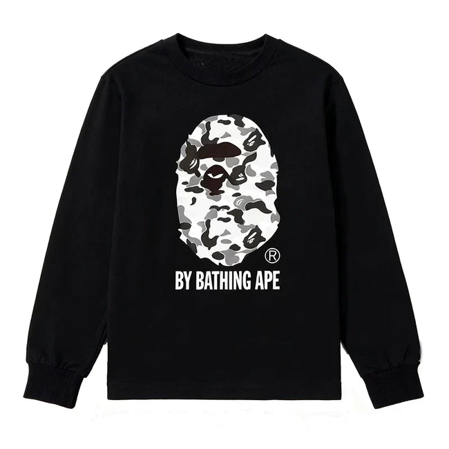 BAPE Style "BY BATHING APE" Camo Ape Head Long-Sleeve Tee - Black/Monochrome Camo Hover Image