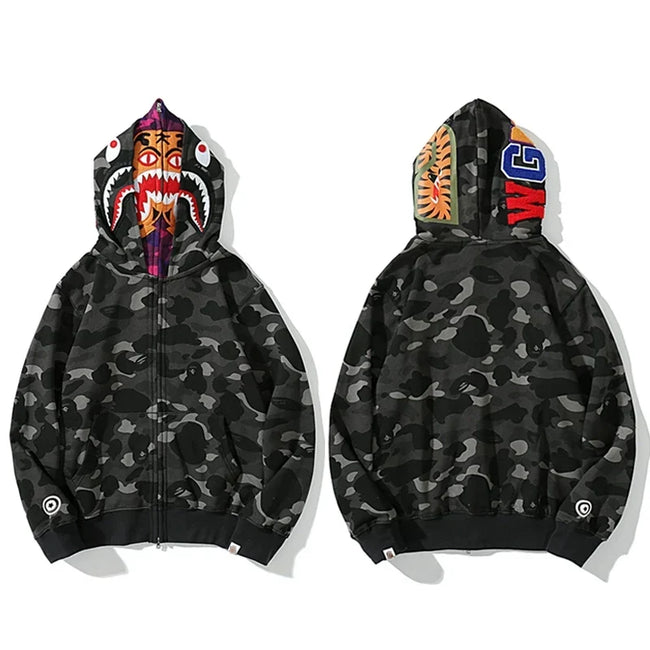 BAPE Style Camo Tiger Full-Zip Hoodie - Dark Grey/Black Hover Image
