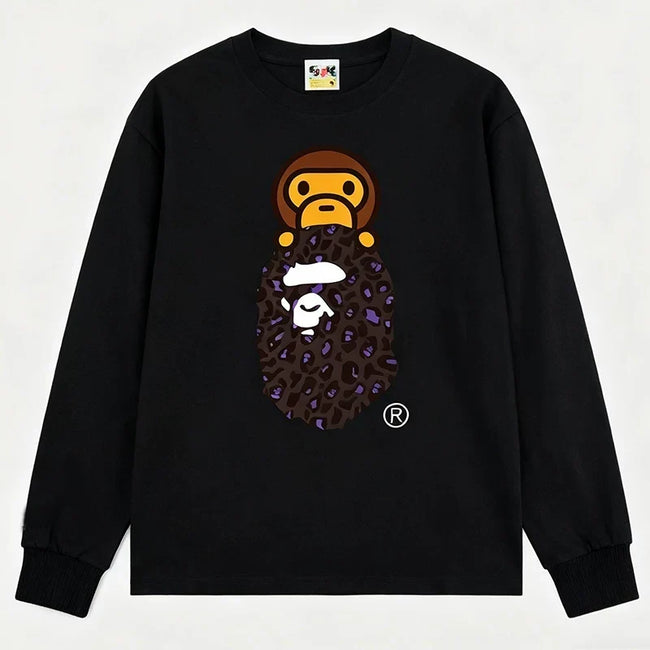 BAPE Style Baby Milo on Dark Leopard Camo Ape Head Long-Sleeve Tee - Black/Dark Leopard Hover Image