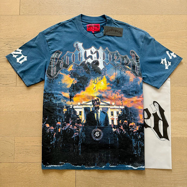Godspeed Futuristic Sci-Fi Cyborgs and Clock Graphic Tee Cotton Acid Washed Shirt Hover Image