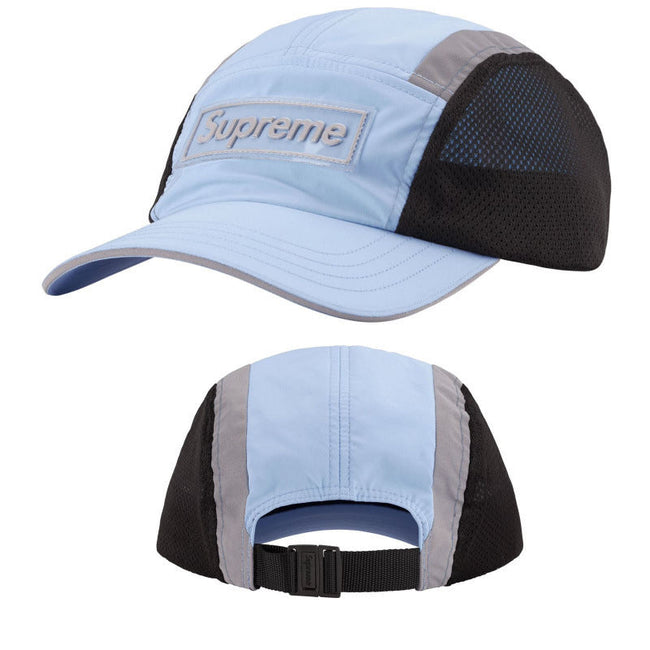 Supreme Light Blue and Black Reflective Piping 5-Panel Box Logo Camp Cap Hover Image