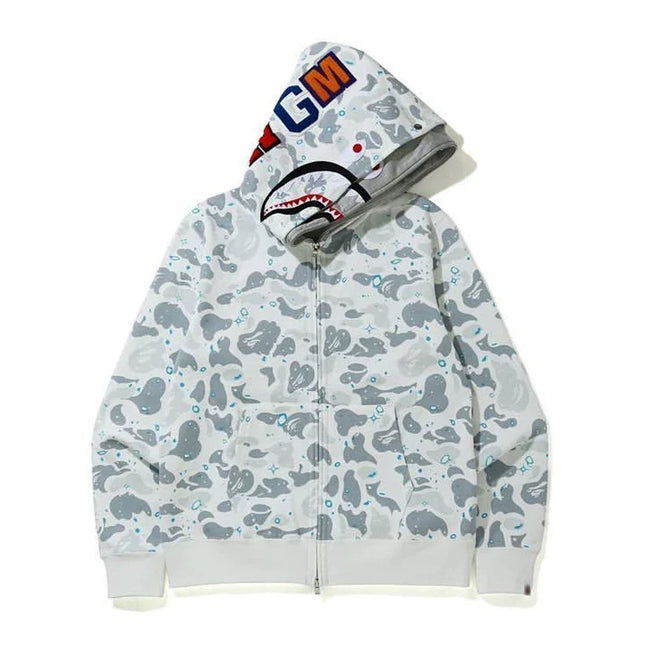 BAPE Style Camo Shark Full-Zip Hoodie - Light Grey/Ice Blue Hover Image