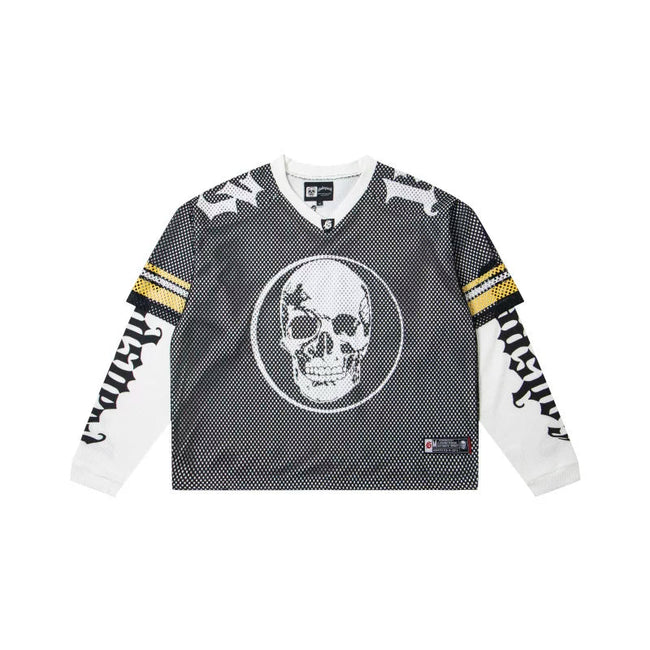 "Godspeed" Layered Mesh Skull Long Sleeve Jersey (Grey/White/Yellow) Hover Image