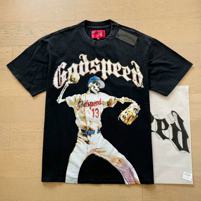 Godspeed Baseball Skeleton Pitcher Graphic Tee Cotton Acid Washed Shirt Hover Image
