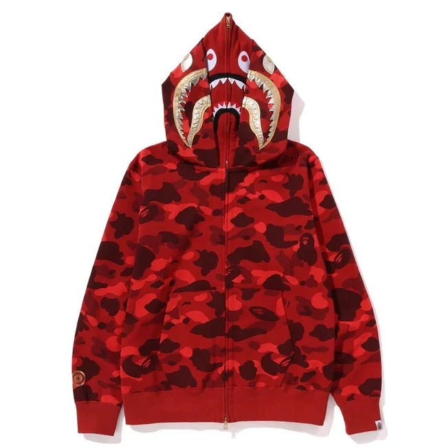 BAPE Style Camo Gold Shark Teeth Full-Zip Hoodie - Red Hover Image
