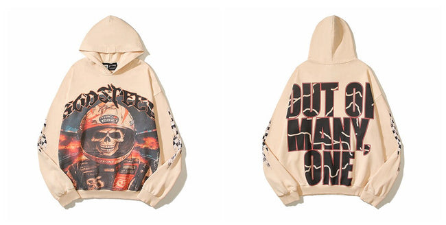 Vintage "Godspeed" Biker Skull Oversized Beige Hoodie Hover Image