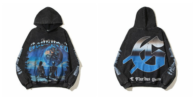 Vintage "Godspeed" Earth Graphic Oversized Hoodie Hover Image
