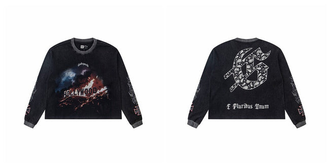 Godspeed "E Pluribus Unum" Burning Hollywood Sign Graphic Black Long Sleeve Tee Hover Image