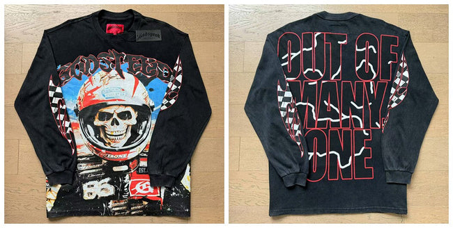Godspeed "Out of Many, One" Red Car Graphic Vintage-Wash Blue Long Sleeve Tee Hover Image