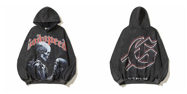 Vintage "Godspeed" Skeleton Graphic Oversized Hoodie Hover Image