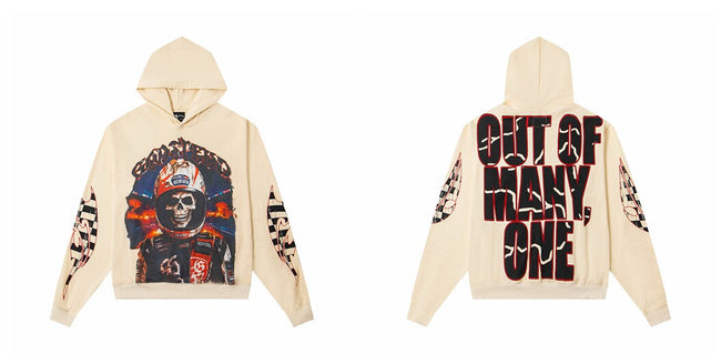 Vintage "Godspeed" Racing Skull Oversized Beige Hoodie Hover Image